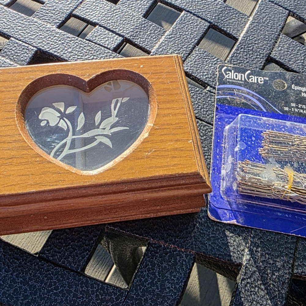 Wooden Keepsake Box With Package Of Vintage Bobbie Pins